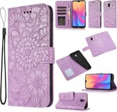 Voor Xiaomi Redmi 8A Skin Feel Reliëf Zonnebloem Horizontale Flip Lederen Case met Houder & Kaartsleuven & Portemonnee & Lanyard (Paars)