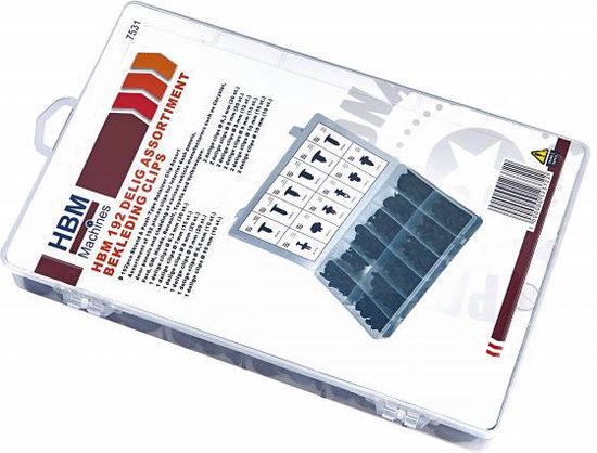 HBM 192-delig assortiment bekledingsclips in doorzichtige koffer.