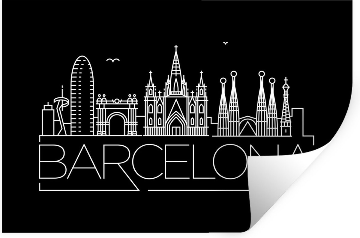 Muurstickers - Sticker Folie - Skyline "Barcelona" op een zwarte achtergrond - 90x60 cm - 