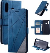 Voor Samsung Galaxy A20 Skin Feel Splicing Horizontale Flip Leather Case met houder & kaartsleuven & portemonnee & fotolijst (blauw)