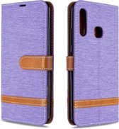 Voor Galaxy A70e Kleuraanpassing Denim Texture Horizontaal Flip Leather Case met houder & kaartsleuven & Wallet & Lanyard (paars)