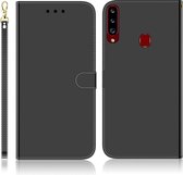 Voor Galaxy A20s geÃ¯miteerd spiegelend oppervlak horizontale flip lederen tas met houder & kaartsleuven & portemonnee & lanyard (zwart)