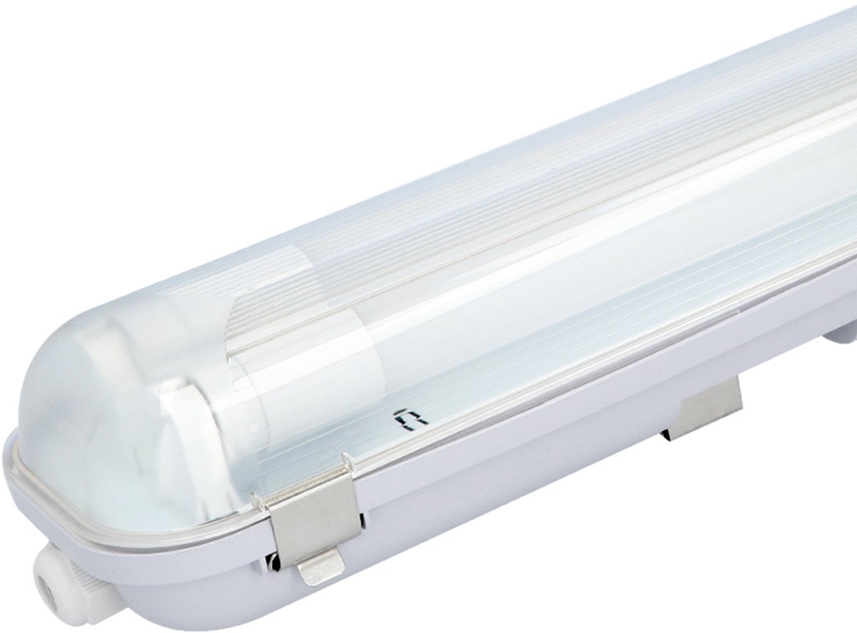 HOFTRONIC LED TL armatuur 60cm - LED - Dubbelvoudig - Waterdicht - Flikkervrij - Koppelbaar - 18 Watt - 1980 lumen - 110 lm/W - 230V - 3000K Warm wit - TL armatuur voor werkplaatsen, garages, bedrijfshallen en magazijnen Transparant