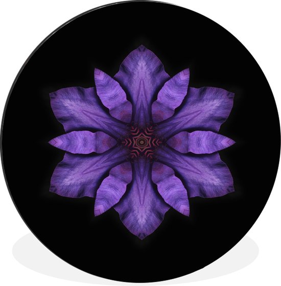 WallCircle - Wandcirkel - Muurcirkel - Een paarse Clematis Mandala op zwarte achtergrond - Aluminium - Dibond - ⌀ 30 cm - Binnen en Buiten