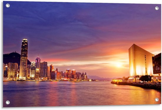 Tuinposter – Zonsondergang in Hong Kong - 90x60cm Foto op Tuinposter  (wanddecoratie voor buiten en binnen)