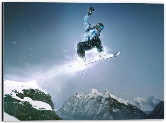 Dibond - Vliegende Snowboarder  - 40x30cm Foto op Aluminium (Wanddecoratie van metaal)