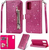 Bookcase Geschikt voor: Samsung Galaxy M21 Glitter met rits - hoesje - portemonnee hoesje - Roze