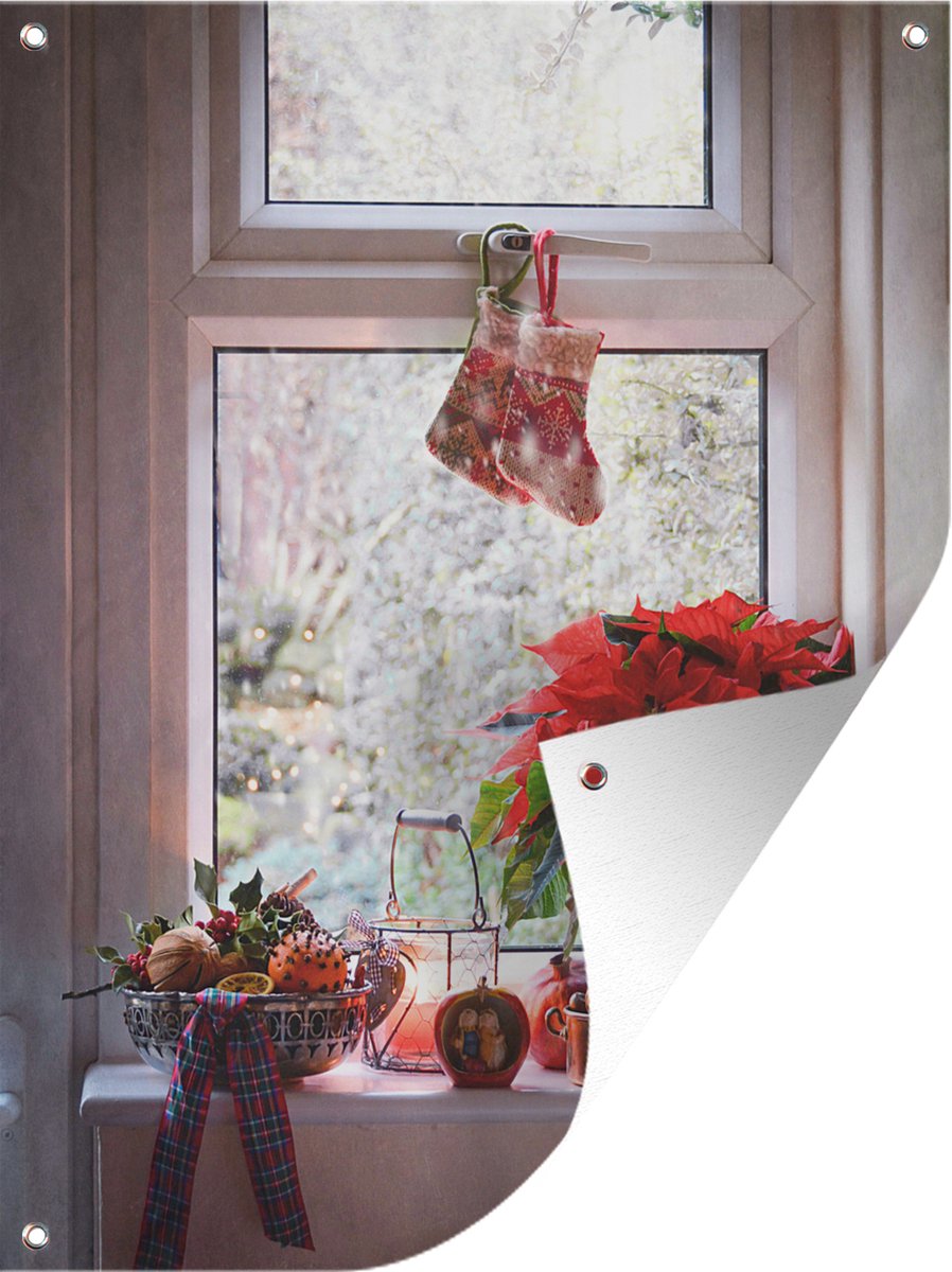 Kerstster in vensterbank op tuinschilderij van 60x80 cm - Tuinposter voor buiten - GreatGardenPosters