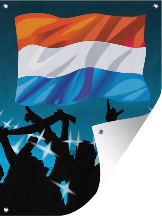 Tuinschilderij Illustratie van Nederlandse vlag boven de silhouetten van Oranjefans - 60x80 cm - Tuinposter - Tuindoek - Buitenposter