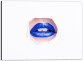Dibond - Blauwe Lippen door Wit Papier - 40x30cm Foto op Aluminium (Met Ophangsysteem)