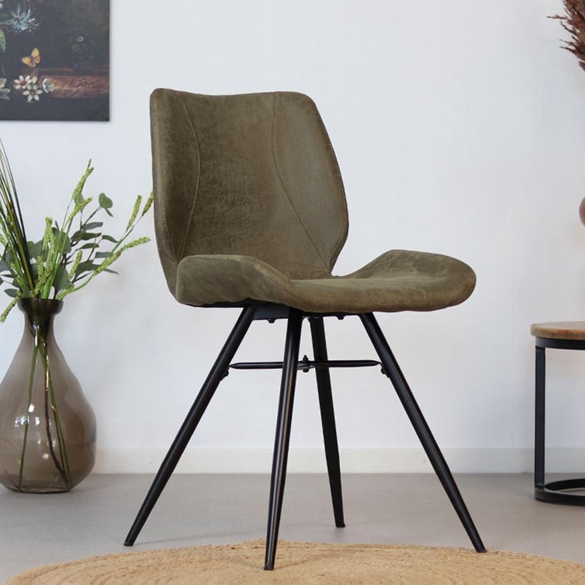 Bronx71® Industriële eetkamerstoel Barrel olijfgroen eco leer - Eetkamerstoelen set van 6 - stoel