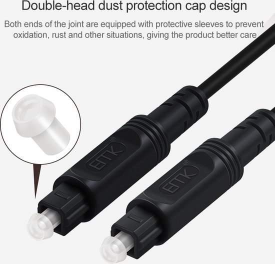 Zwarte Toslink audiokabel met twee connectoren, waarvan één de beschermkap heeft. Vergroot detail toont beschermkap.