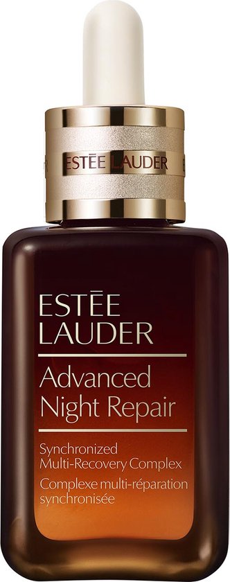 Estée Lauder Advanced Night Repair serumfles van bruin glas met gouden accenten en witte druppelaar.