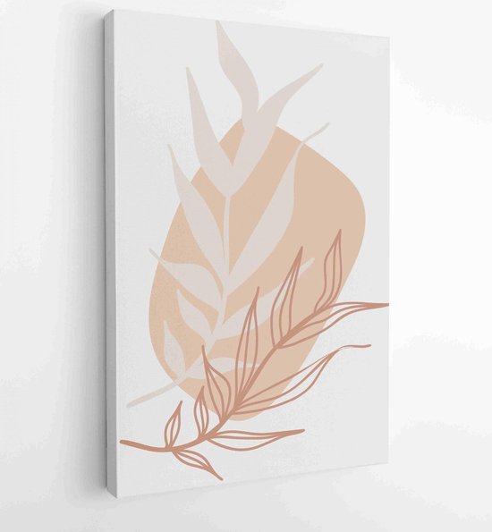Botanical wall art vector set. Earth tone boho foliage line art drawing ...