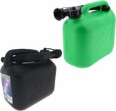2x stuks jerrycans zwart en groen voor brandstof - 5 liter - inclusief schenktuit - benzine / diesel