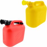 2x stuks jerrycans geel en rood voor brandstof - 5 liter - inclusief schenktuit - benzine / diesel