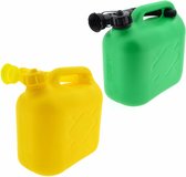 2x stuks jerrycans groen en geel voor brandstof - 5 liter - inclusief schenktuit - benzine / diesel