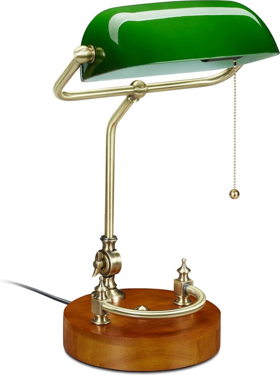 Relaxdays Bankierslamp met trekschakelaar - ronde voet - notarislamp E27 - bureaulamp