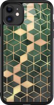 iPhone 11 hoesje glas - Groen kubus - Hard Case - Zwart - Backcover - Print / Illustratie - Groen