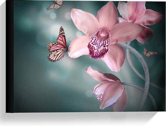 Canvas  - Sprookjesachtige Vlinders op Bloemen - 40x30cm Foto op Canvas Schilderij (Wanddecoratie op Canvas)