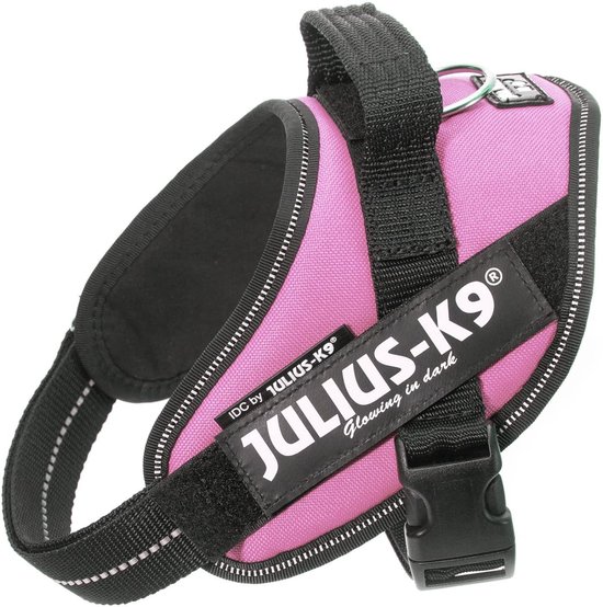 Harnais rose vif Julius K9 IDC Power avec sangles noires, boucle et coutures réfléchissantes. Étiquette noire avec 'IDC by JULIUS-K9' et 'Glowing in dark'.