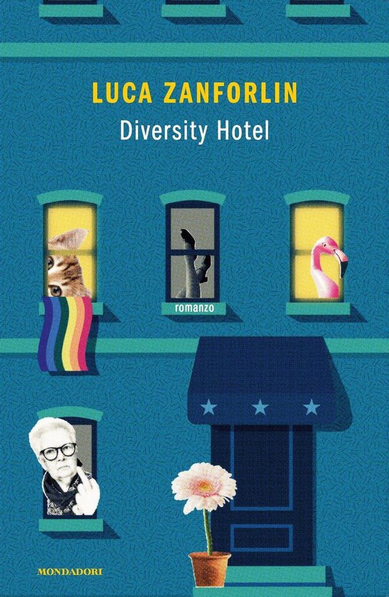 Boekomslag 'Diversity Hotel' met blauwe gevel, ramen met een kat, flamingo, persoon en regenboogvlag.