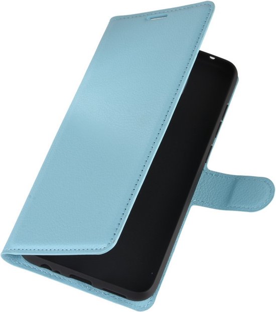 Étui portefeuille bleu clair pour téléphone, avec fermeture magnétique et emplacements pour cartes.