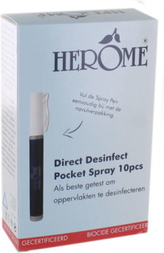 Doos met Herome Direct Desinfect Pocket Spray, met opdruk van een donkerblauwe spray.