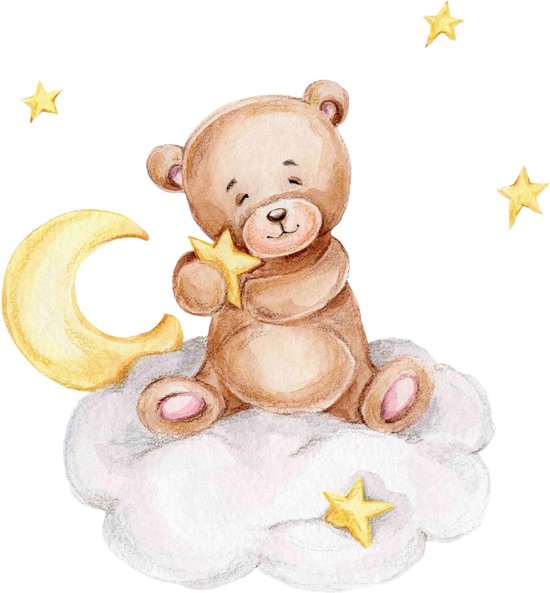 Cute teddy bear sitting on the cloud with stars; watercolor hand drawn ...