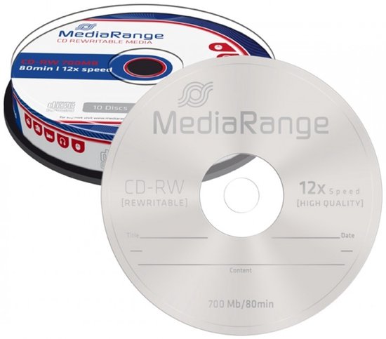 Een stapel CD-RW's met verpakking en een losse zilverkleurige CD-RW met opschrift 'MediaRange CD-RW [Rewritable] 12x Speed [High Quality] 700 Mb/80 min'.