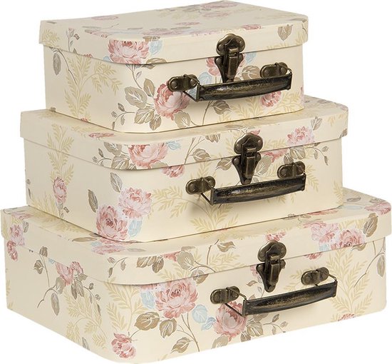 Clayre & Eef Décoration valise set de 3 30x21x9/25x18x9/20x16x8 cm Beige Carton Rectangle Fleurs Boîte de Rangement