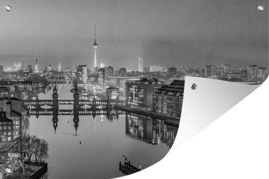 Tuinposter - Tuindoek - Tuinposters buiten - Panorama van Berlijn bij schemering - zwart wit - 120x80 cm - Tuin