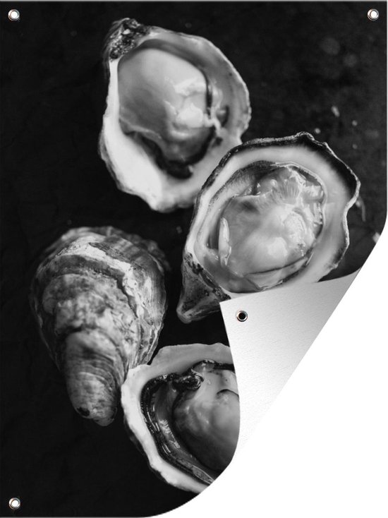 Tuin decoratie Rauwe oesters - zwart wit - 30x40 cm - Tuindoek - Buitenposter
