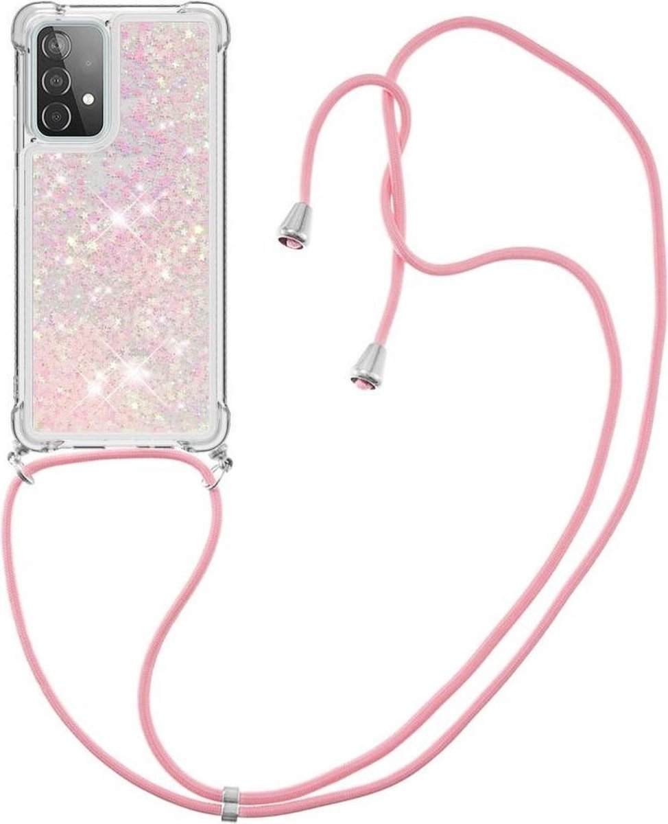 Hoesje met Koord Shockproof TPU Glitter Roze Geschikt voor Samsung Galaxy A52 / A52S