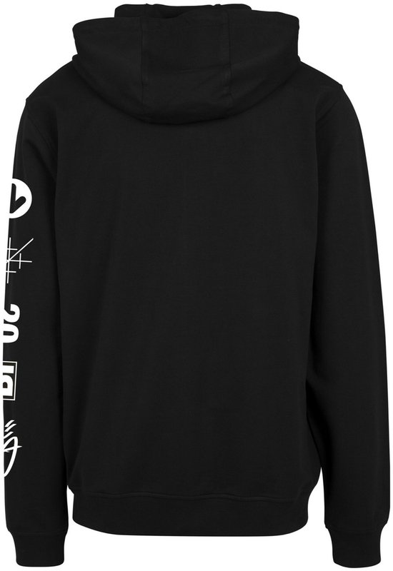 Achterkant van de zwarte hoodie met ritssluiting. Witte grafische print op de mouw.