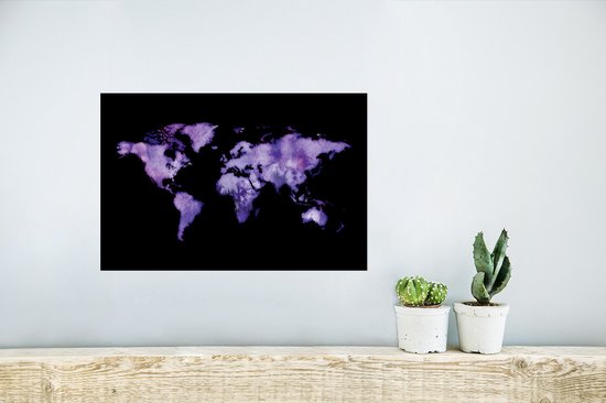 Mappemonde aquarelle violet foncé sur fond noir 30x20 cm