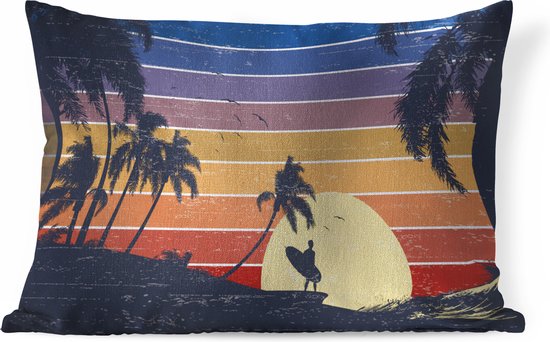 Sierkussens - Kussen - Illustratie van een surfer bij zonsondergang - 60x40 cm - Kussen van katoen
