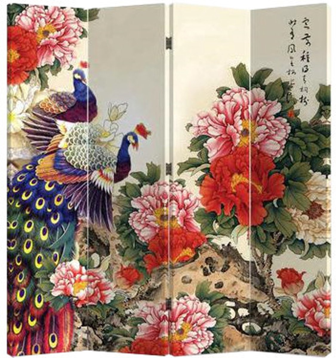 Fine Asianliving Chinees Kamerscherm Oosters Scheidingswand B160xH180cm 4 Panelen Twee Pauwen met Pioenen multi
