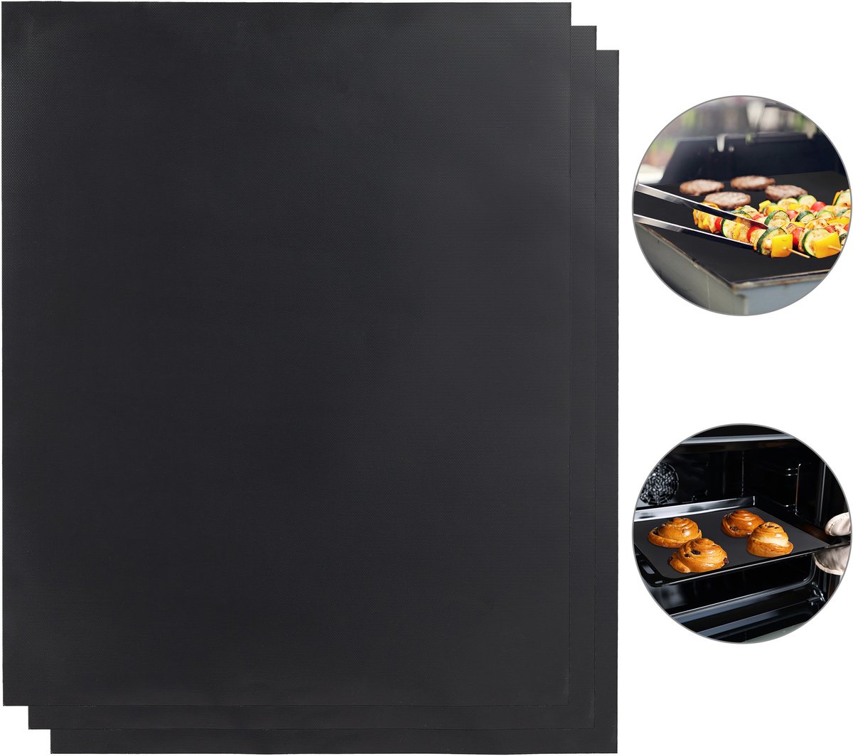 barbecuemat - set van 3 - antiaanbaklaag - herbruikbaar - 0,3 mm dik - 40 x 50 cm - zwart