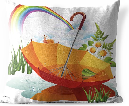 Buitenkussens - Tuin - Een illustratie van een oranje paraplu onder een regenboog - 40x40 cm