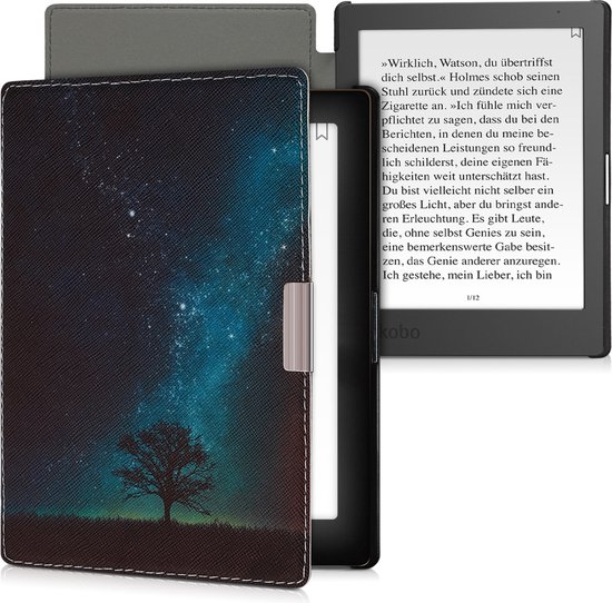 kwmobile e-reader hoesje geschikt voor Kobo Aura Edition 1 hoes - E reader flip case met magnetische sluiting - Ereader cover - Sterrenstelsel en Boom design in blauw / grijs / zwart van Merkloos — afbeelding 4