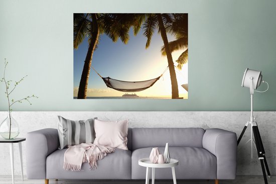 Hamac suspendu entre les palmiers Poster 160x120 cm - Tirage photo sur Poster (décoration murale salon / chambre) XXL / Grand format! / Mer et plage