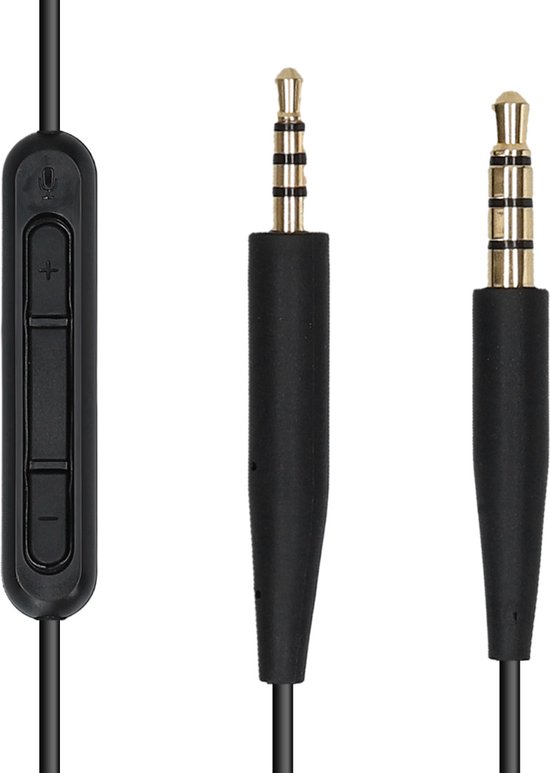 Drie zwarte 3,5mm jackpluggen en een inline microfoon met volumeknop.