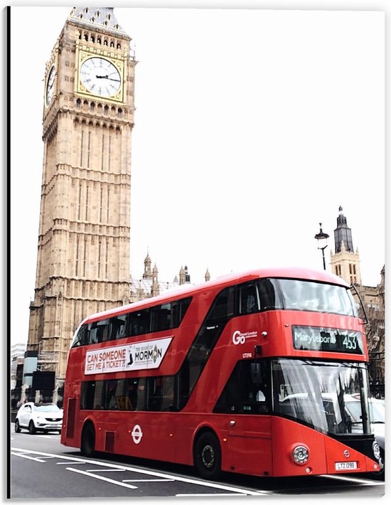 Dibond - Rode Touringsbus bij Big Ben in Londen - 30x40cm Foto op Aluminium (Wanddecoratie van metaal)
