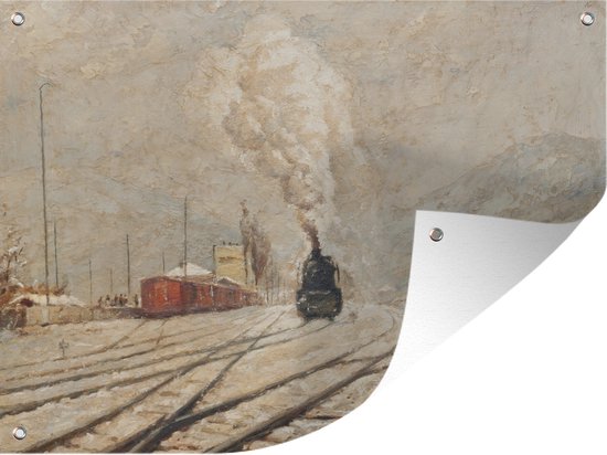 Tuinposter Winter - Olieverf schilderij van een locomotief in de winter tuinposter