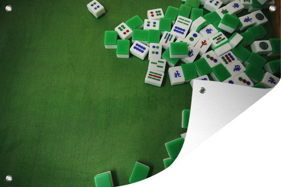 Canvas Schilderij Verschillende Mahjong Tegels Tegen Een Groene Achtergrond 140x90 Cm Wanddecoratie