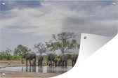 Muurdecoratie Afrikaanse olifanten drinken bij een waterput - 180x120 cm - Tuinposter - Tuindoek - Buitenposter