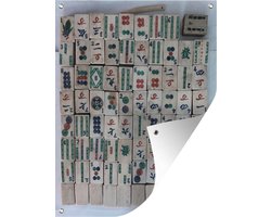 Tuinschilderij Vintage MahJong tegels gemaakt van bamboe en bot - 60x80 cm - Tuinposter - Tuindoek - Buitenposter