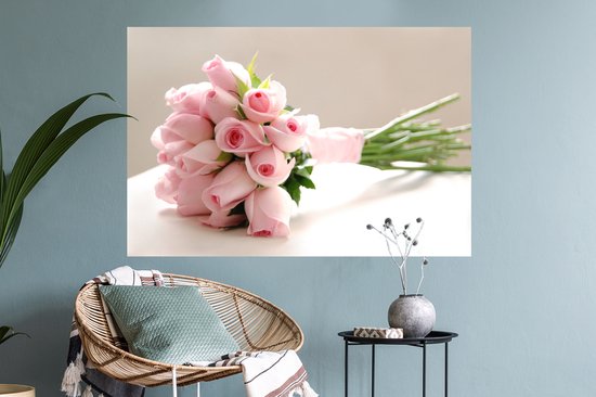 Sticker Muursticker Rose rose - bouquet de rose rose sur tableau blanc - 90x60 cm - film adhésif autocollant - sticker mural repositionnable