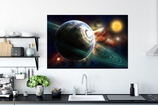 Sticker Muursticker Système solaire - Crash de météorite - 120x80 cm - film adhésif autocollant - sticker mural repositionnable